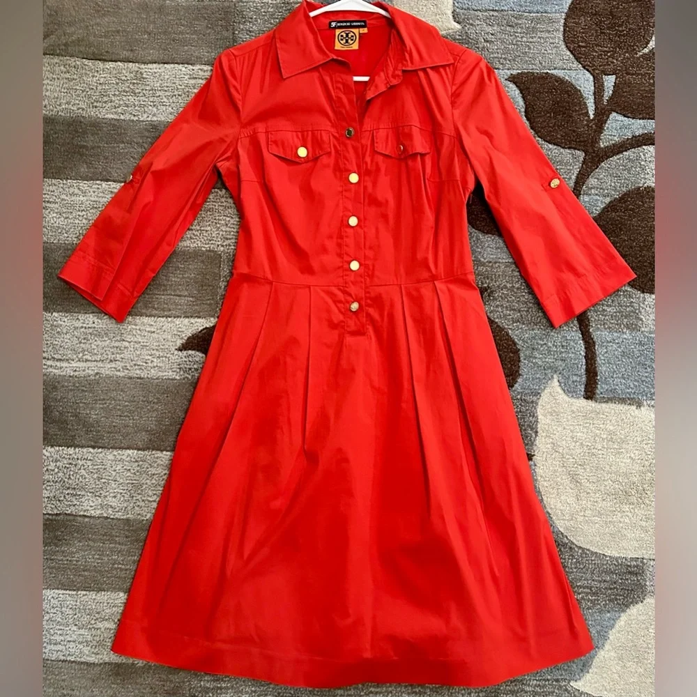 5F Bergdorf Tory Burch 3/4 Sleeve Red Poplin A-line Dress ZB15